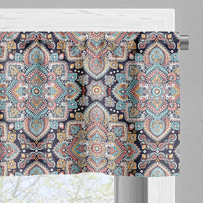 Ambesonne Ethnic Valance & Tier Curtain 3 pcs Set, Bohemian Style Motif Vintage Oriental Inspired Traditional Art, Window Treatments for Kitchen Room Decor, 55" x 36", Navy Teal