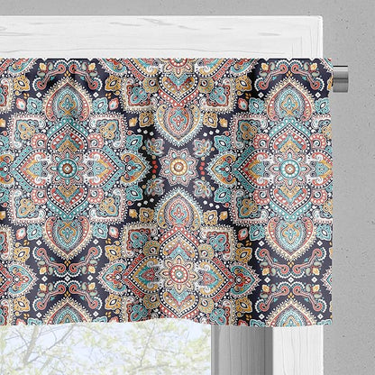 Ambesonne Ethnic Valance & Tier Curtain 3 pcs Set, Bohemian Style Motif Vintage Oriental Inspired Traditional Art, Window Treatments for Kitchen Room Decor, 55" x 36", Navy Teal