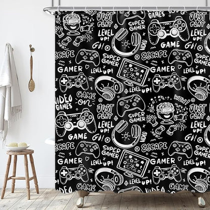 Black White Funny Gaming Shower Curtain Kids Gamer Video Games Cool Teens Monochrome Sketch Graffiti 60Wx72L Inch Bathroom Set Gamepad Bath Curtain Bathtub Accessories Home Decor