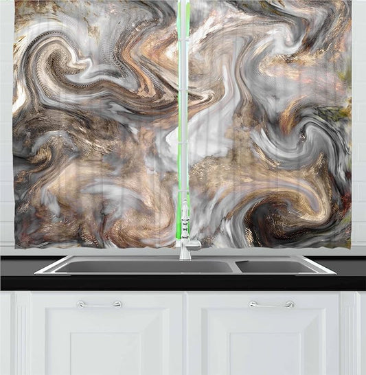 Ambesonne Marble Kitchen Curtains, Retro Style Paintbrush Colors in Marbling Texture Watercolor Artwork, Window Drapes 2 Panel Set for Kitchen Cafe Decor, 55" x 24", Sand Brown