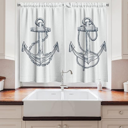 Ambesonne Anchor Kitchen Curtains, Vintage Sketch Nautical Element Ship Sailing Travel Theme Chain Rope, Window Drapes 2 Panel Set for Kitchen Cafe Decor, 55" x 39", Teal White