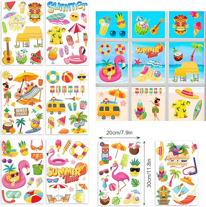 8 Sheets Summer Beach Window Clings Hawaiian Themed Static Window Stickers Refrigerator Glass Stickers Party Decorations Add Joy to The Season and Home Decoration