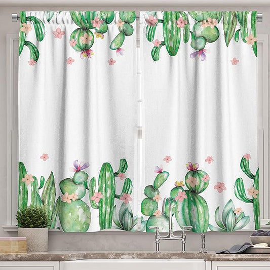 Ambesonne Cactus Kitchen Curtains, Mexico Style Romantic Tender Blossoms and Barren Heath Natural Vegetation, Window Drapes 2 Panel Set for Kitchen Cafe Decor, 55" x 39", Green Coral