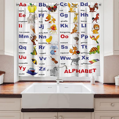 Ambesonne Cartoon Long Kitchen Curtains, Animals Placed on Letter The Alphabet Chart Themed Illustration Colorful Print, Two Panels Drapes with Rod Pocket Room Decor, 55" x 45",Indigo Red