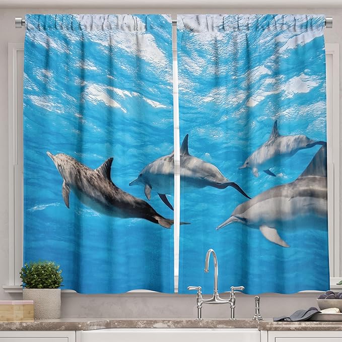 Ambesonne Dolphin Kitchen Curtains, Underwater Photography of Dolphins Happily Swimming Ocean Animal Life Image Print, Window Drapes 2 Panel Set for Kitchen Cafe Decor, 55" x 39", Blue Grey