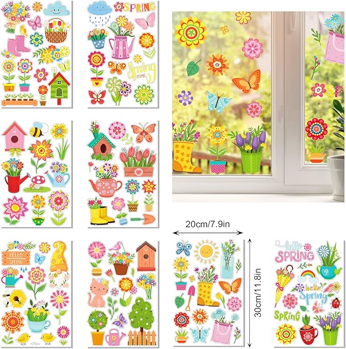 8 Sheets Floral Cartoon Window Clings Spring Flower Static Window Stickers Refrigerator Glass Stickers Party Decorations Add Joy to The Season and Home Decoration