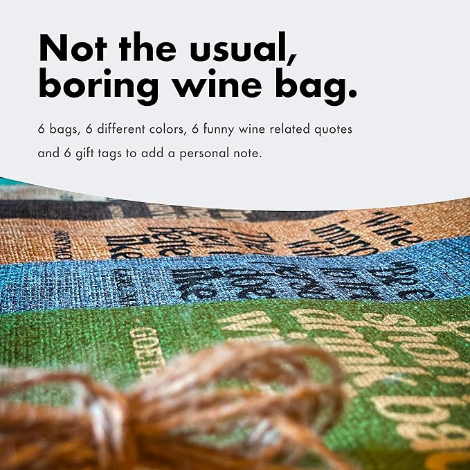 Siko 6Pcs Burlap Wine bags for Wine Bottles Gifts with Funny Quotes - Multicolor Reusable Bottle Bags with Drawstrings & Gift Tags for Wedding, Dinner Party, Housewarming & Home Storage