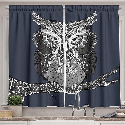 Ambesonne Indie Long Kitchen Curtains, Owl with Vintage Style Ornaments Wisdom Creature of Night, Two Panels Drapes with Rod Pocket Room Decor, 55" x 45", Charcoal Grey