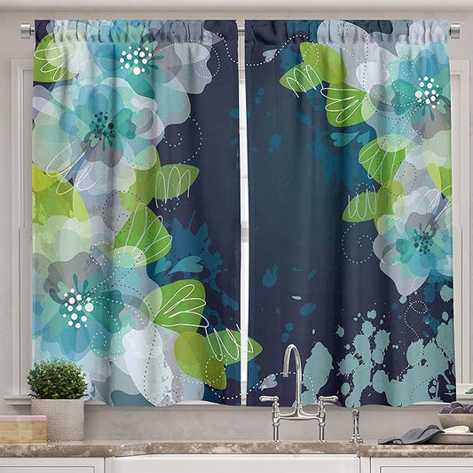 Ambesonne Navy Kitchen Curtains, Sketchy Abstract Blossoms Flowers with Leaves on Grunge Backdrop, Window Drapes 2 Panel Set for Kitchen Cafe Decor, 55" x 39", Green Navy