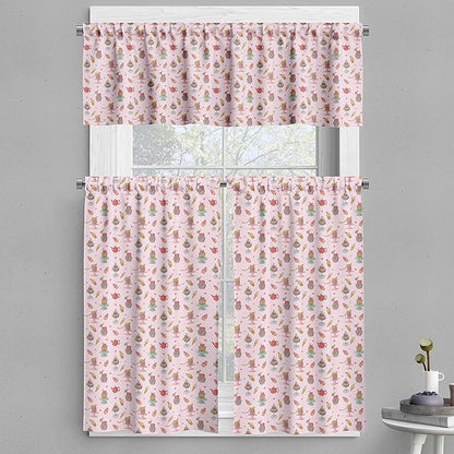 Ambesonne Ice Cream Valance & Tier Curtain 3 pcs Set, Retro Style Cupcakes Teapots Candies Cookies on Polka Dots Vintage Kitchen Print, Window Treatments for Kitchen Room Decor, 55" x 30", Pastel Pink