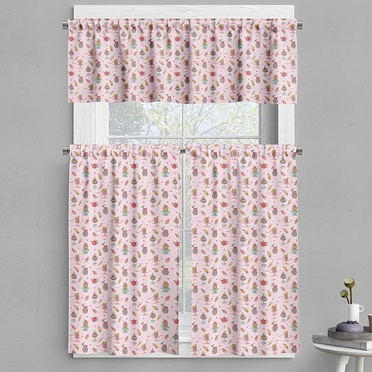 Ambesonne Ice Cream Valance & Tier Curtain 3 pcs Set, Retro Style Cupcakes Teapots Candies Cookies on Polka Dots Vintage Kitchen Print, Window Treatments for Kitchen Room Decor, 55" x 36", Pastel Pink