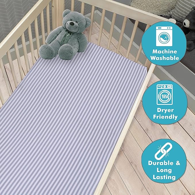 100% Cotton Jersey Knitted standard crib sheets for Boys and Toddler, Soft and Breathable, crib sheets girl Snug Fit, Machine Washable, Multiple Colors (P3, Rainbow Stripe Gray, 28"x52"x9")