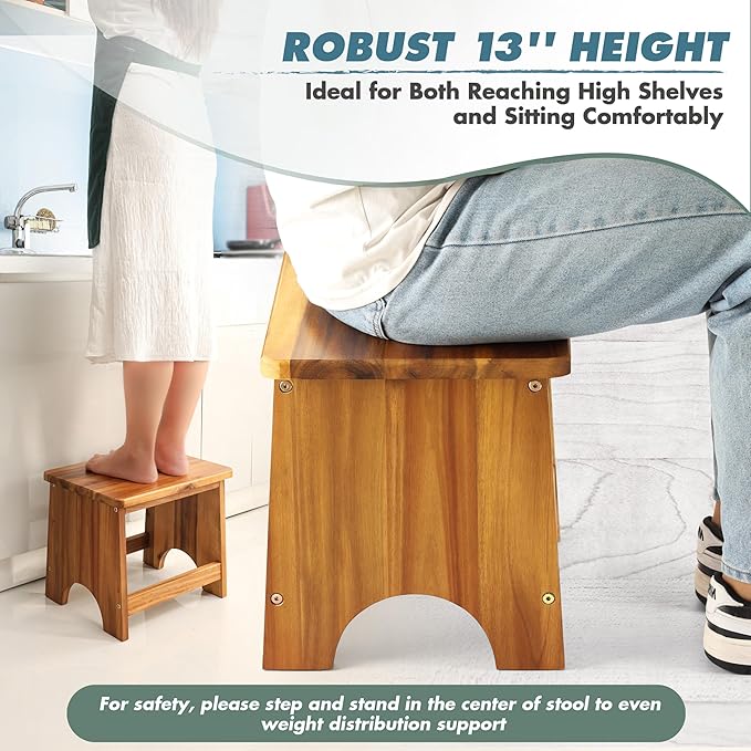 Wooden Step Stool, 13'' Heavy Duty Step Stool for Adults with Convenient Handle, Wooden Stepping Stool Hold up to 500 lbs, Heavy Duty/Nonslip/Durable Construction Safe Step Stool for Bedroom/Kitchen