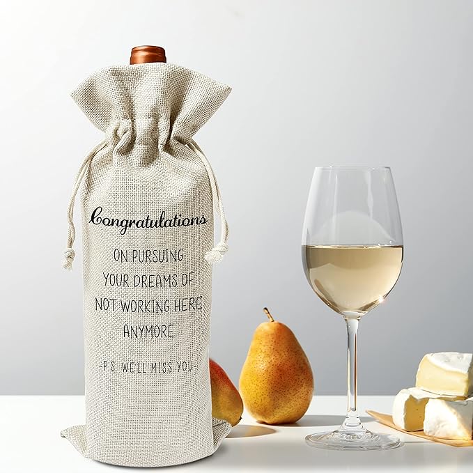 Zodvery Coworker Appreciation Wine Gift Bags - Congratulations On Pursuing Your Dream Of Not Working Here Anymore - Reusable Burlap With Drawstring Gift Bag (5.5"x 13.5")-1 Pcs/jiu005