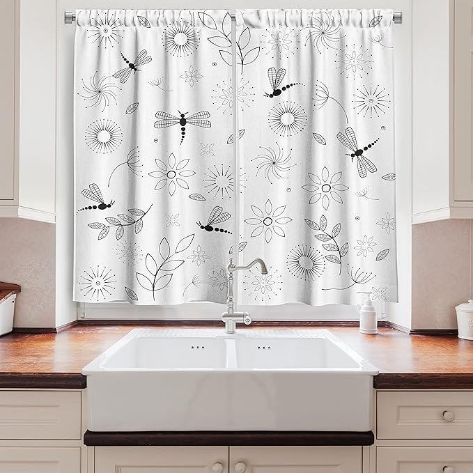 Ambesonne Dragonfly Long Kitchen Curtains, Bohem Inspired Flying Butterfly Like Bugs and Flowers Dandelion Image, Two Panels Drapes with Rod Pocket Room Decor, 55" x 45", Charcoal White