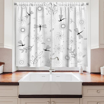 Ambesonne Dragonfly Long Kitchen Curtains, Bohem Inspired Flying Butterfly Like Bugs and Flowers Dandelion Image, Two Panels Drapes with Rod Pocket Room Decor, 55" x 45", Charcoal White