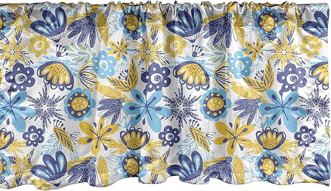 Ambesonne Floral Window Valance, Abstract Flowers Chrysanthemum Design and Tender Butterflies, Curtain Valance for Kitchen Bedroom Decor with Rod Pocket, 54" X 18", Yellow Blue