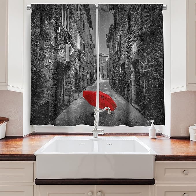 Ambesonne Black and White Long Kitchen Curtains, Red Umbrella on a Dark Narrow Street in Tuscany Italy Rainy Winter, Two Panels Drapes with Rod Pocket Room Decor, 55" x 45", Light Brown