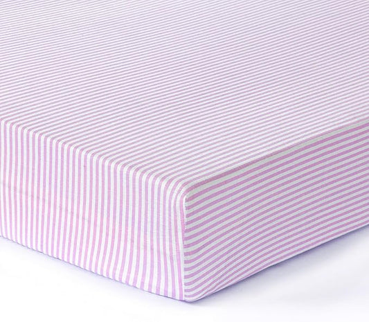 100% Cotton Jersey Knitted Standard Crib Sheets for Boys and Toddler, Soft and Breathable, Crib Sheets Girl Snug Fit, Machine Washable, Multiple Colors (P1, Pink Stripe,28"x52"x9")