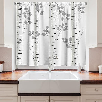 Ambesonne Birch Tree Long Kitchen Curtains, White Branches with Leaves Autumn Nature Forest Inspired Image Print, Two Panels Drapes with Rod Pocket Room Decor, 55" x 45", White Grey