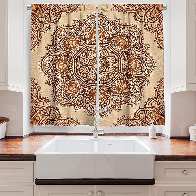 Ambesonne Ethnic Long Kitchen Curtains, Mandala Style Floral Flower with Abstract Paisley Backdrop Art Print, Two Panels Drapes with Rod Pocket Room Decor, 55" x 45", Dark Brown