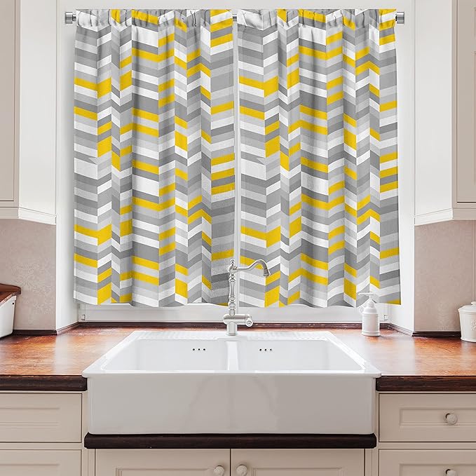 Ambesonne Grey and Yellow Kitchen Curtains, Geometric Vintage 60s Home Pattern Inspired Herringbone Zig Zag Lines, Window Drapes 2 Panel Set for Kitchen Cafe Decor, 55" x 39", Yellow Grey