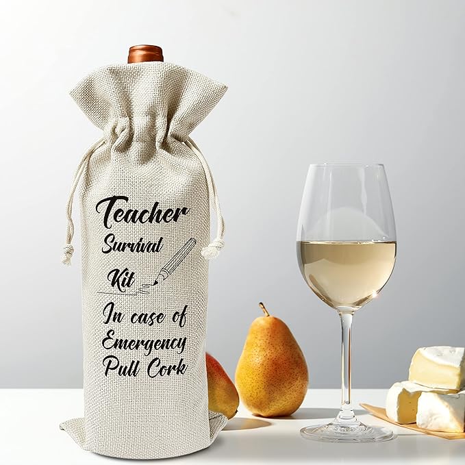 Zodvery Teacher Wine Gift Bags - Gift for Teacher, Co-worker - Reusable Burlap With Drawstring Gift Bag (5.5"x 13.5")-1 Pcs/jiu077