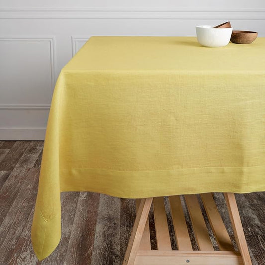 D'Moksha Homes Linen Tablecloth 60 x 144 Inch - 100% Pure Linen Lemon Yellow Tablecloth - Machine Washable Dining Tablecloth for Rectangle Tables