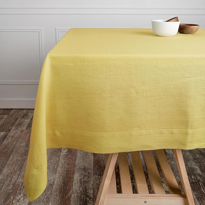 D'Moksha Homes Linen Tablecloth 60 x 156 Inch - 100% Pure Linen Lemon Yellow Tablecloth - Machine Washable Dining Tablecloth for Rectangle Tables