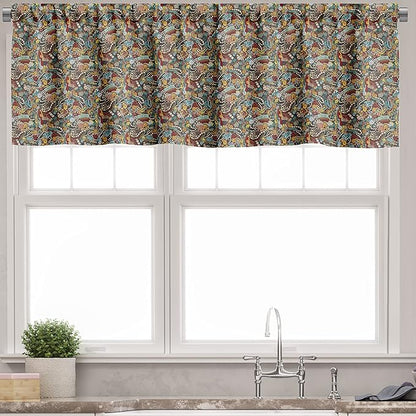 Ambesonne Hipster Valance & Tier Curtain 3 pcs Set, Cinema Items Combined in an Abstract Style Popcorn Movie Reel The End Theatre, Window Treatments for Kitchen Room Decor, 55" x 36", Seafoam Yellow