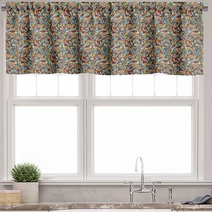 Ambesonne Hipster Valance & Tier Curtain 3 pcs Set, Cinema Items Combined in an Abstract Style Popcorn Movie Reel The End Theatre, Window Treatments for Kitchen Room Decor, 55" x 30", Seafoam Yellow