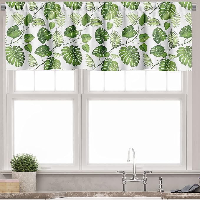 Ambesonne Leaf Valance & Tier Curtain 3 pcs Set, Brazilian Rainforest Foliage Nature Ivy Swirls Palm Banana Trees Leaves Art Print, Window Treatments for Kitchen Room Decor, 55" x 24", Fern Green