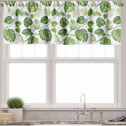 Ambesonne Leaf Valance & Tier Curtain 3 pcs Set, Brazilian Rainforest Foliage Nature Ivy Swirls Palm Banana Trees Leaves Art Print, Window Treatments for Kitchen Room Decor, 55" x 24", Fern Green