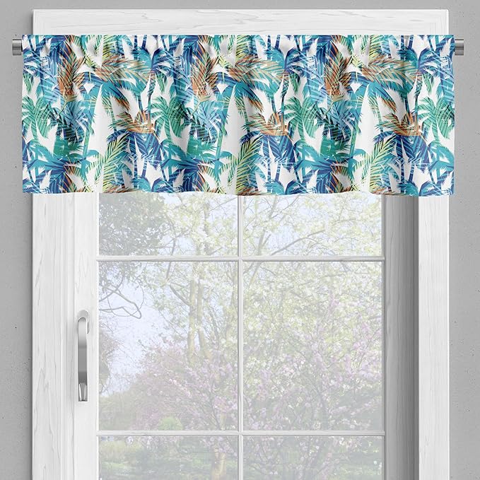 Ambesonne Palm Leaf Valance & Tier Curtain 3 pcs Set, Tropical Summer Print with Palm Abstract Nature Pattern Fantasy Dream, Window Treatments for Kitchen Room Decor, 55" x 36", Blue Mint Green Orange