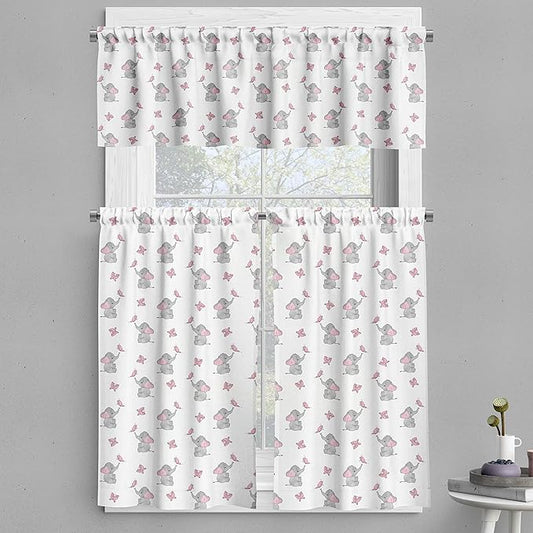 Ambesonne Animal Cartoon Valance & Tier Curtain 3 pcs Set, Playing Butterflies Design Pattern, Window Treatments for Kitchen Room Decor, 55" x 30", Grey Pink