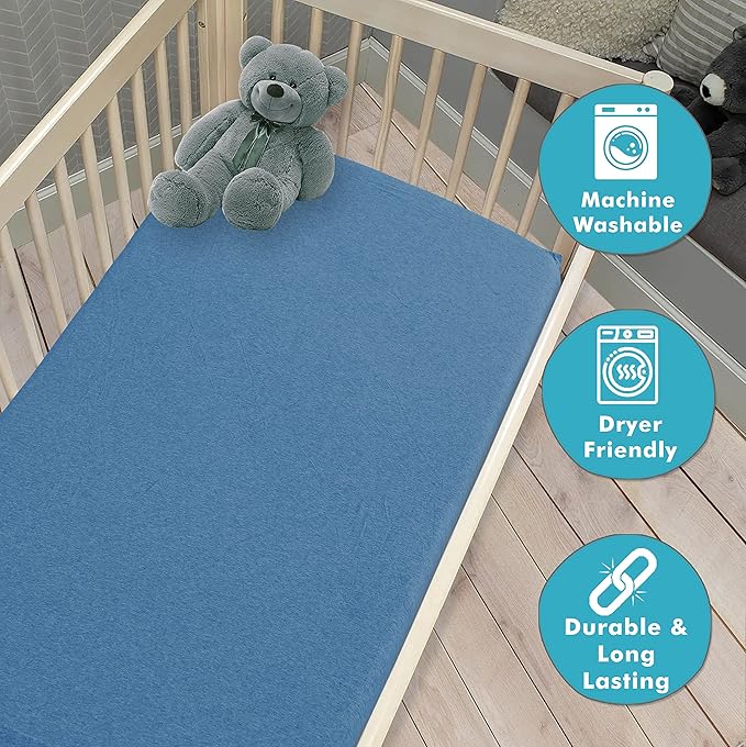 100% Cotton Jersey Knitted Mini Crib Sheets for Boys and Toddler, Soft and Breathable, Crib Sheets Girl Snug Fit, Machine Washable, Multiple Colors (P2, Denim Blue/Sky Blue,38"x24"x6")