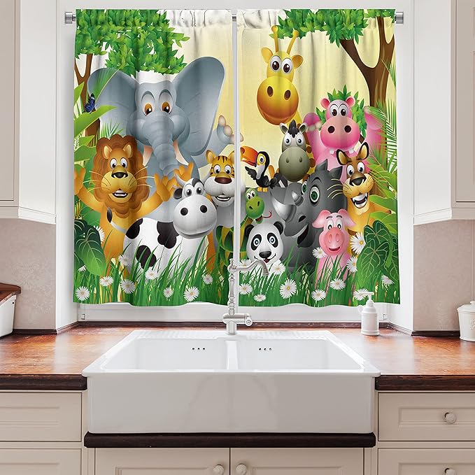 Ambesonne Animal Long Kitchen Curtains, Animals in Jungle Elephant Giraffe Panda Bear Pig Lion Hippo Rhino Cartoon Art, Two Panels Drapes with Rod Pocket Room Decor, 55" x 45", Yellow Pastel