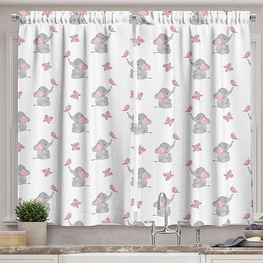 Ambesonne Elephant Nursery Kitchen Curtains, Baby Elephants Playing with Butterflies Design Pattern, Window Drapes 2 Panel Set for Kitchen Cafe Decor, 55" x 39", Grey Pink