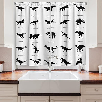 Ambesonne Dinosaur Kitchen Curtains, Composition Different Dinosaurs Silhouettes with Their Names Evolution Wildlife, Window Drapes 2 Panel Set for Kitchen Cafe Decor, 55" x 39", White Black