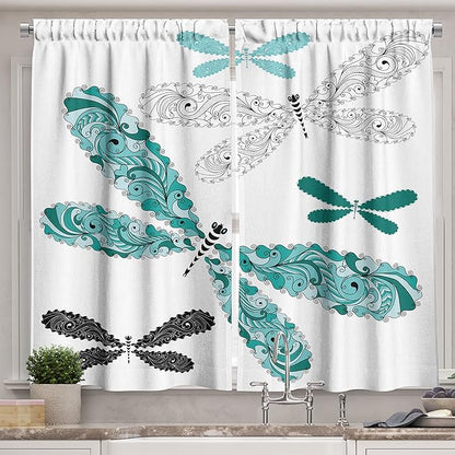 Ambesonne Dragonfly Long Kitchen Curtains, Ornamental Dragonfly with Lace and Damask Effects Image, Two Panels Drapes with Rod Pocket Room Decor, 55" x 45", Black Turquoise