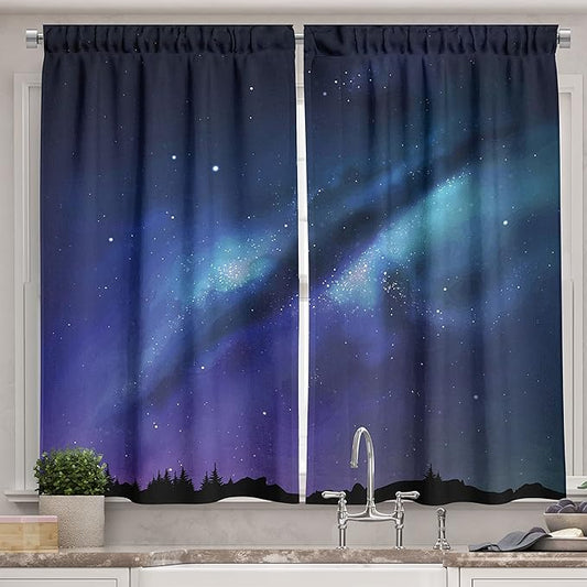 Ambesonne Night Long Kitchen Curtains, Milky Way Inspired Nebula Cluster Galaxy Cosmos Constellation, Two Panels Drapes with Rod Pocket Room Decor, 55" x 45", Blue Black