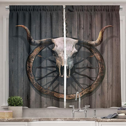 Ambesonne Barn Wood Wagon Wheel Kitchen Curtains, Long Horned Bull Skull and Old West Wagon Wheel on Rustic Wall, Window Drapes 2 Panel Set for Kitchen Cafe Decor, 55" x 39", Charcoal Brown