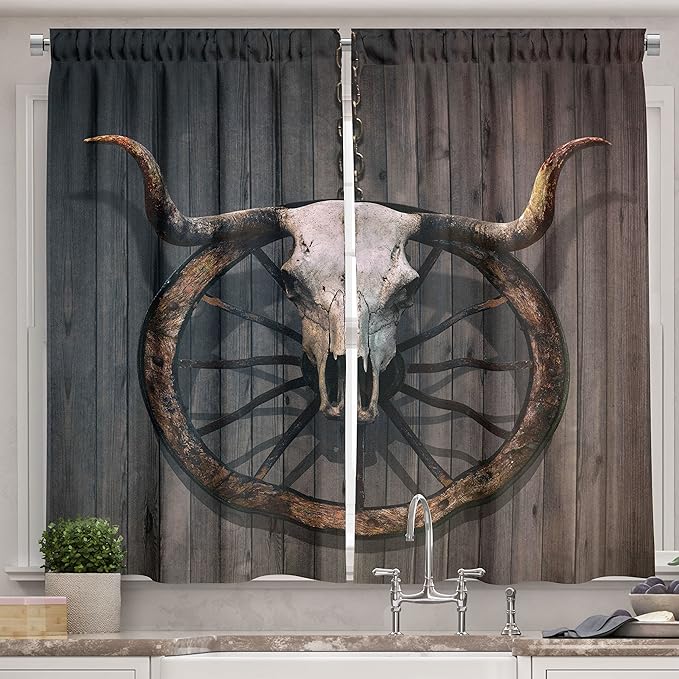 Ambesonne Barn Wood Wagon Wheel Long Kitchen Curtains, Long Horned Bull Skull and Old West Wagon Wheel on Rustic Wall, Two Panels Drapes with Rod Pocket Room Decor, 55" x 45", Charcoal Brown