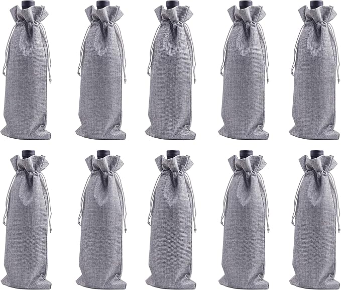 10pcs Grey Burlap Wine Bags, 15.0cmx35.0cm/6.0''x14.0'' Drawstring and Lining Wine Bottle Burlap Bags, Hessian Gift Bags, Storage Pouches