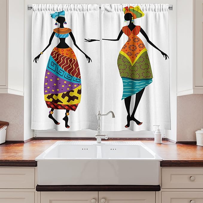 Ambesonne African Long Kitchen Curtains, Ladies in Traditional Costume Silhouettes Ethnicity Vintage Display, Two Panels Drapes with Rod Pocket Room Decor, 55" x 45", Black Orange