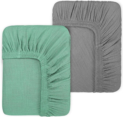 2 Pack Muslin Crib Sheets for Baby Girls & Boys-Neutral Breathable Crib Mattress Protector for Standard Crib Mattress (28"x 52") -Soft Crib Sheets Fitted-No Slip Toddler Cotton Bedding-Green & Grey