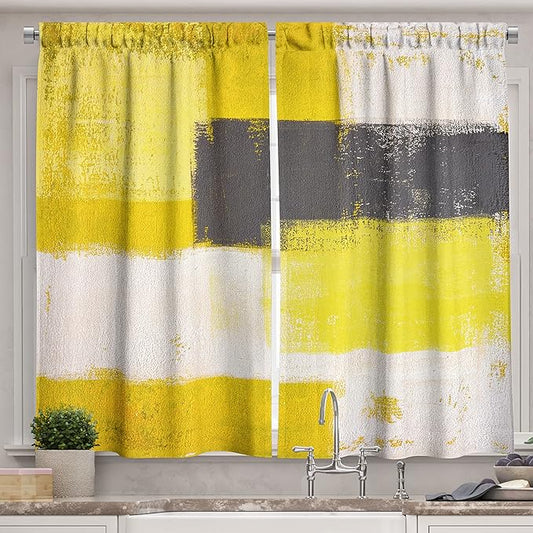 Ambesonne Grey and Yellow Kitchen Curtains, Abstract Grunge Style Brushstrokes Painting Contemporary Illustration, Window Drapes 2 Panel Set for Kitchen Cafe Decor, 55" x 39", White Charcoal