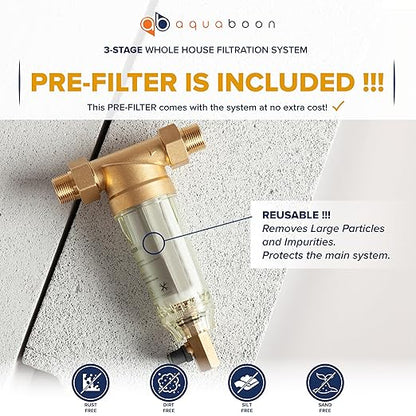 Aquaboon 3-Stage Whole House Water Filter System - Freestanding Stainless-Steel Bracket w/Pressure Gauges - Home Water Filtration System with 20x4,5" Sediment, Activated Carbon Block, KDF Water Filter