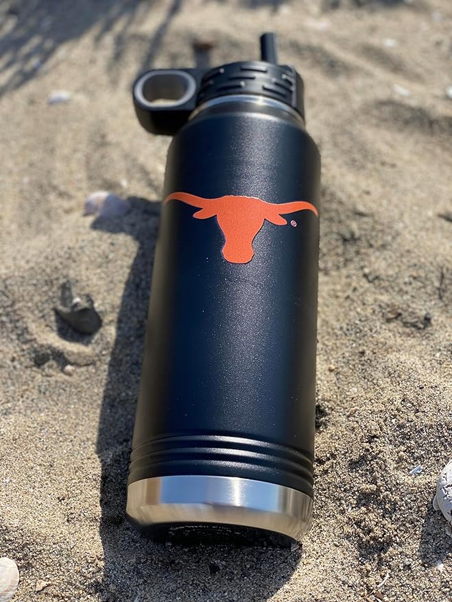 University of Texas at Austin 32oz Stainless Steel Double Walled Black Beverage Bottle with Flip Straw Spout - College Gear for Playoff Season – For Office, Home or Auto – Show your Longhorn Pride