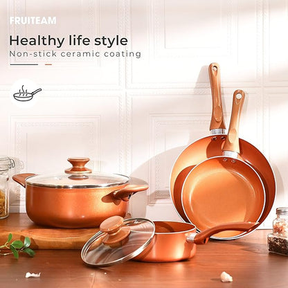 FRUITEAM 6-piece Nonstick Kitchen Cookware Set, Ceramic Coating Cooking Stock / Milk Pot/Frying Pans, Copper Aluminum Pan with Lid, Induction/Gas Kitchenware